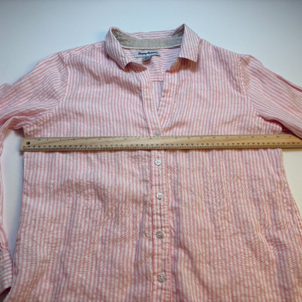 Tommy Bahama Striped Linen Blend Button Up Shirt Pink Medium - Picture 10 of 10